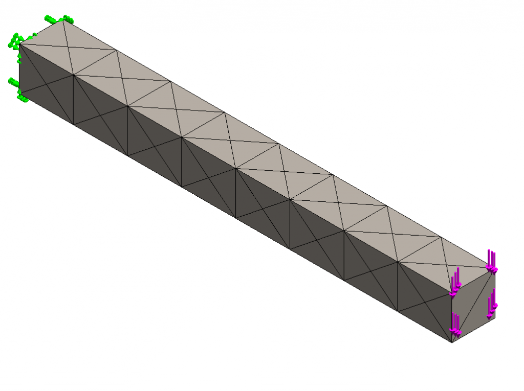 Quality Control – Using the right type of mesh in SolidWorks Simulation-2 10cmx10cm square beam of AISI 304 steel, which is 1m in length, loaded with 10,000 N