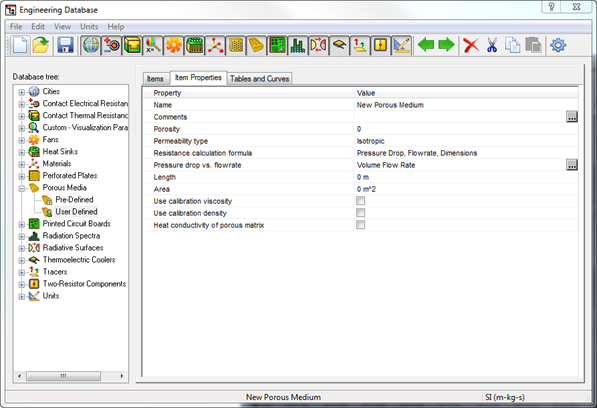 1 SOLIDWORKS Flow Simulation Engineering Database with a new porous medium item selected
