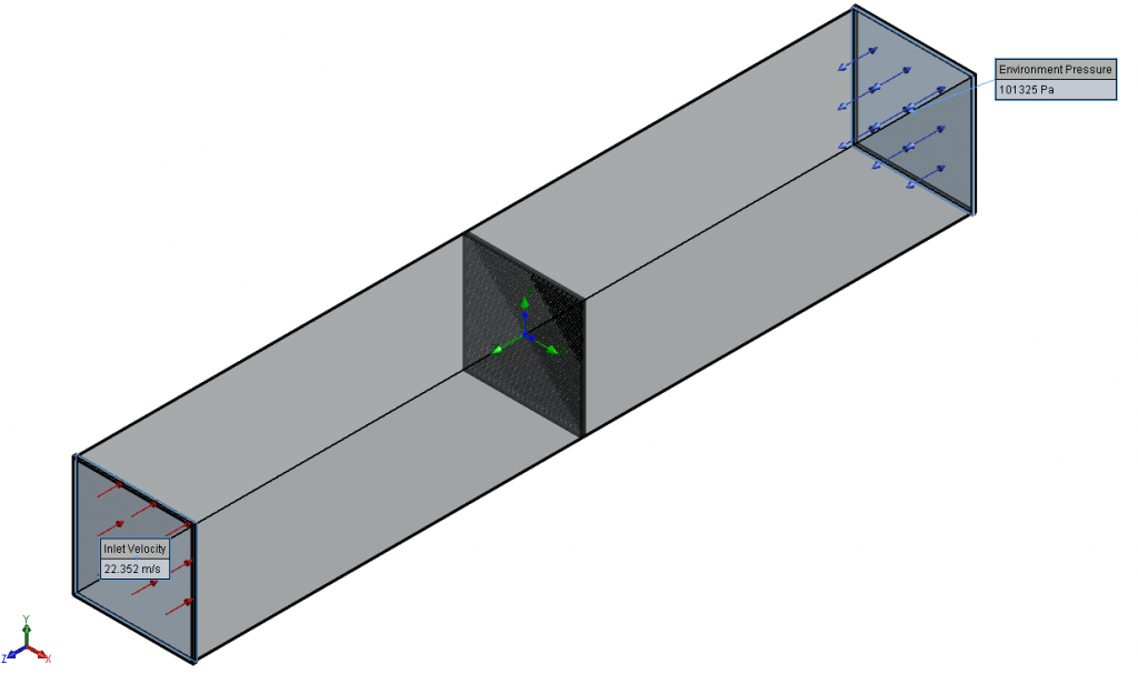 3 SOLIDWORKS Flow Simulation duct model with a perforated plate and inlet and outlet boundary conditions