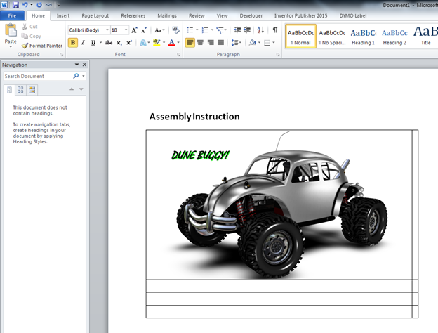 Word document assembly instruction page with a SOLIDWORKS Composer rendering of a dune buggy