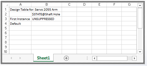 The Design Table in SOLIDWORKS with default information.