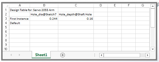 The Design Table in SOLIDWORKS with more specific information, such as specific dimension names.