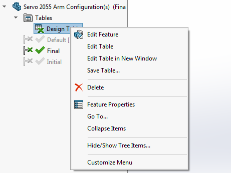 The Design Table menu with editing table options.