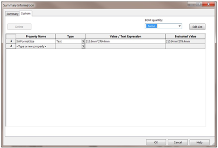 drawing template - summary information on custom tab